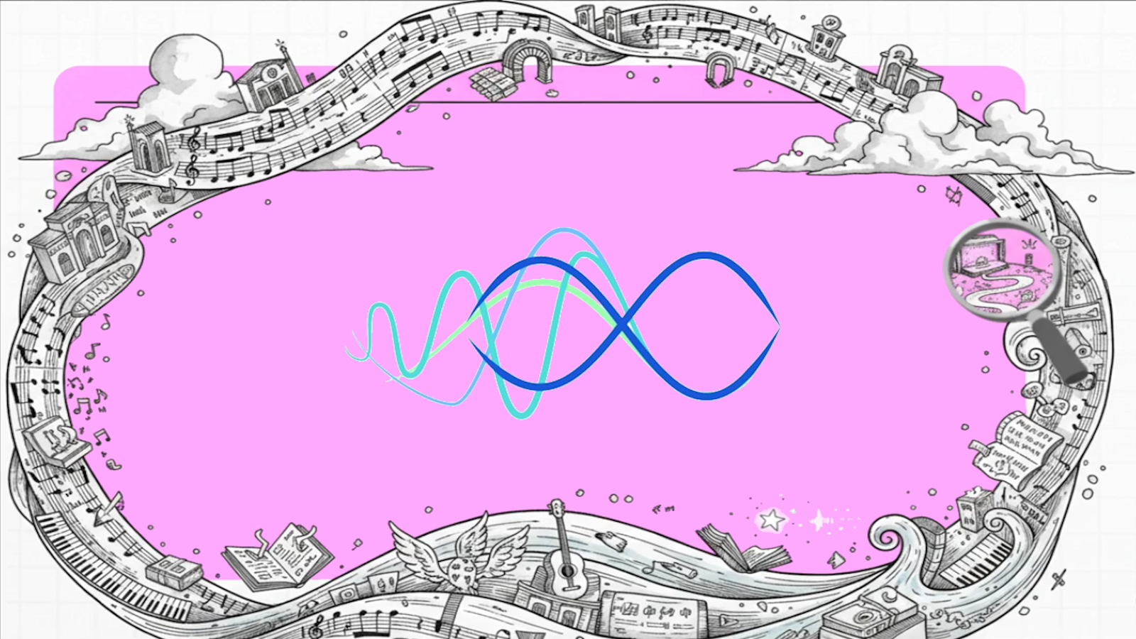 Dettaglio simbolico con quaderno, cuffie e onde sullo sfondo